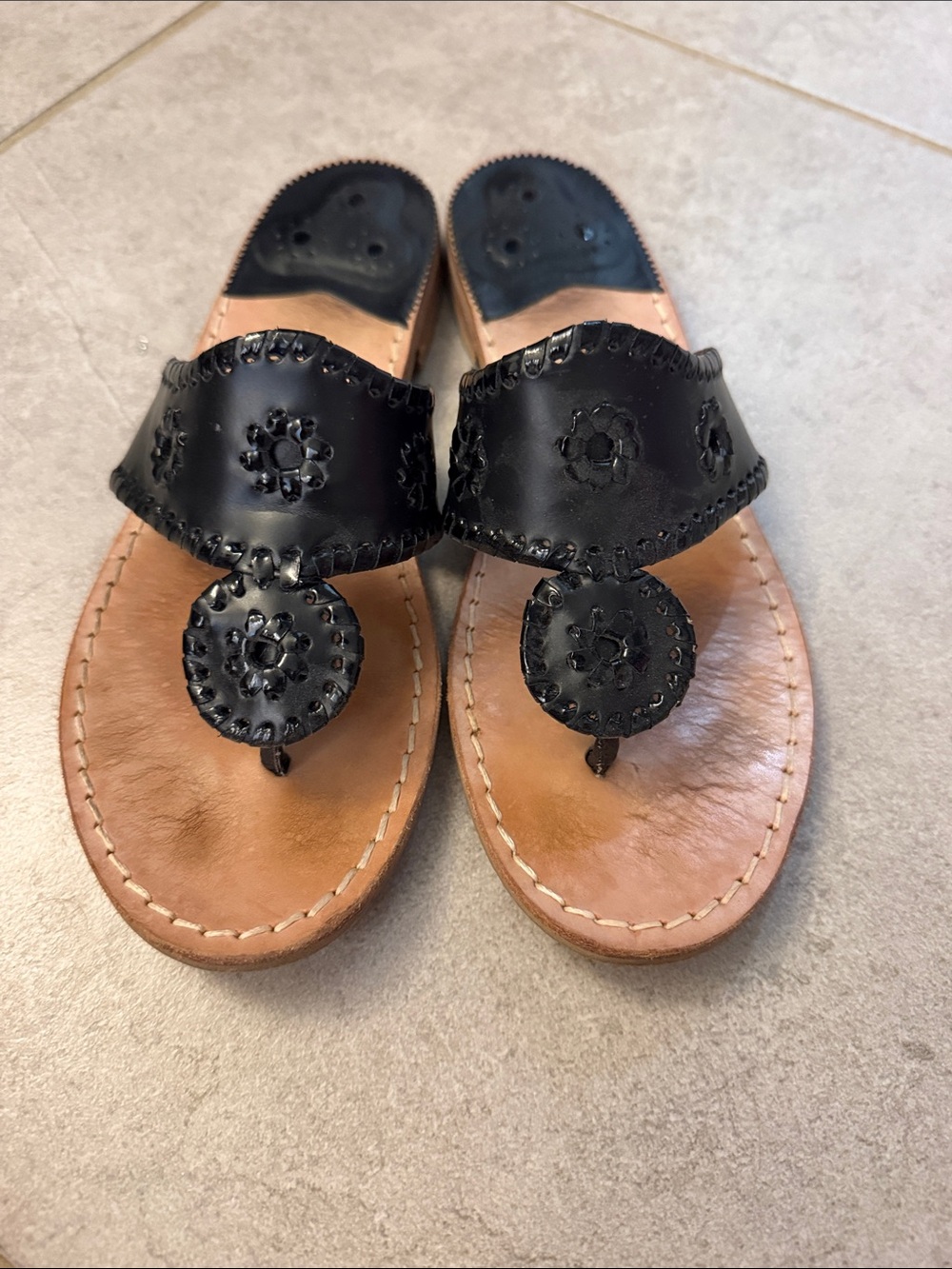Jack Rogers Black Leather Thong Sandals with Signature Medallions